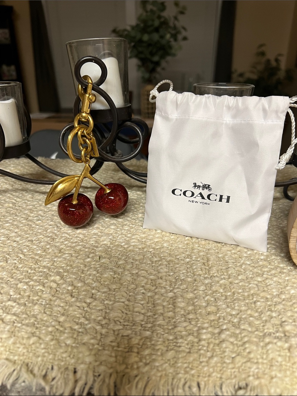 COACH Red Cherry Charm Keychain with Gold Hardware NEW